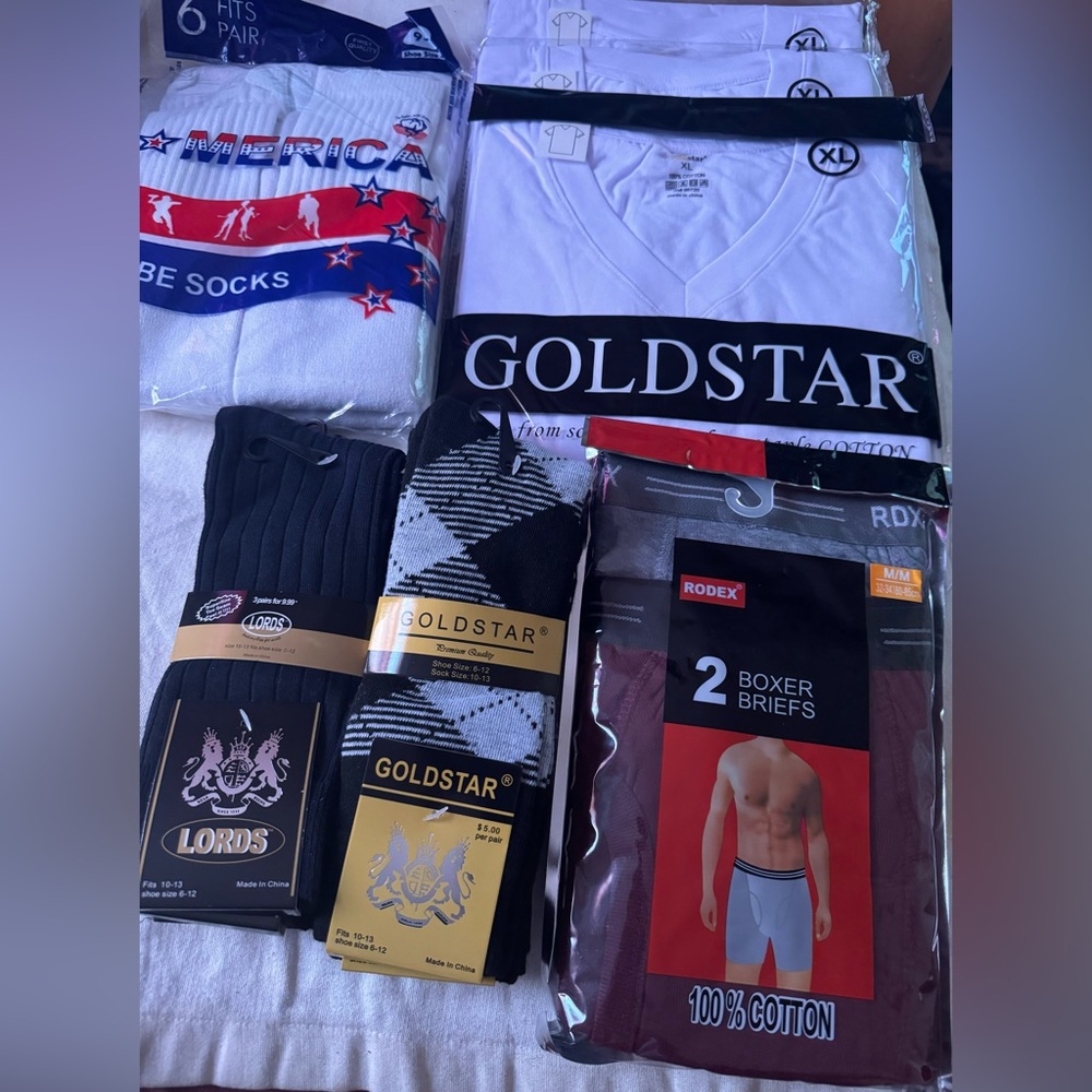 V neck t shirts, tube socks, 6 pairs dress socks, 2 pack boxer briefs